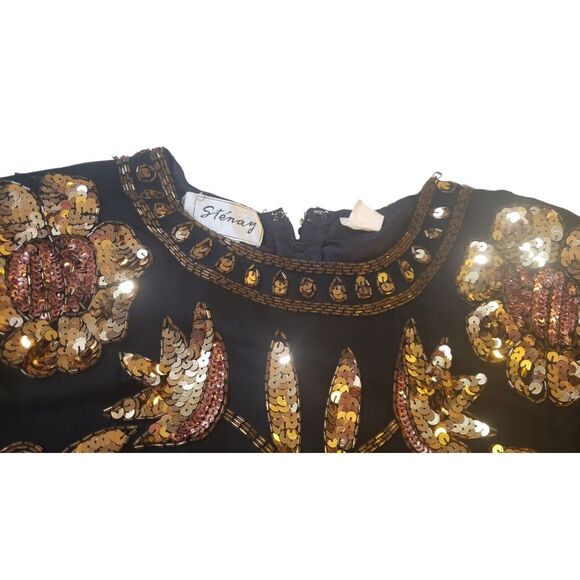 Vintage Stenay Black Gold Sequin Beaded Silk Blouse Top‎ Size 8 Elegant Formal - Picture 7 of 16